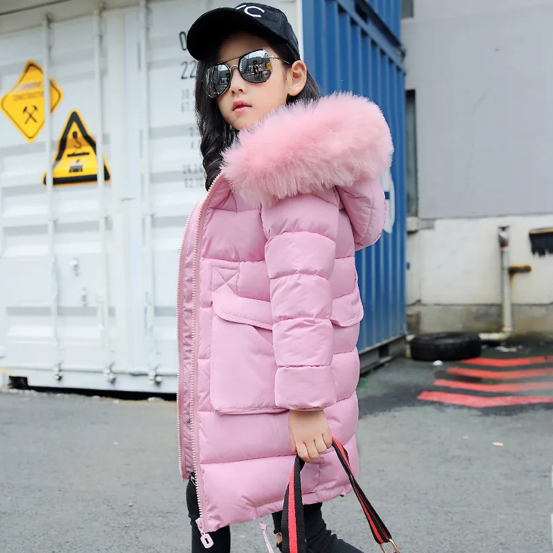

-30 Celsius Winter Girls Cotton Long Section Jacket Children Big fur Collar Warm Jackets Coats Girl Kids Hooded Windproof Coat