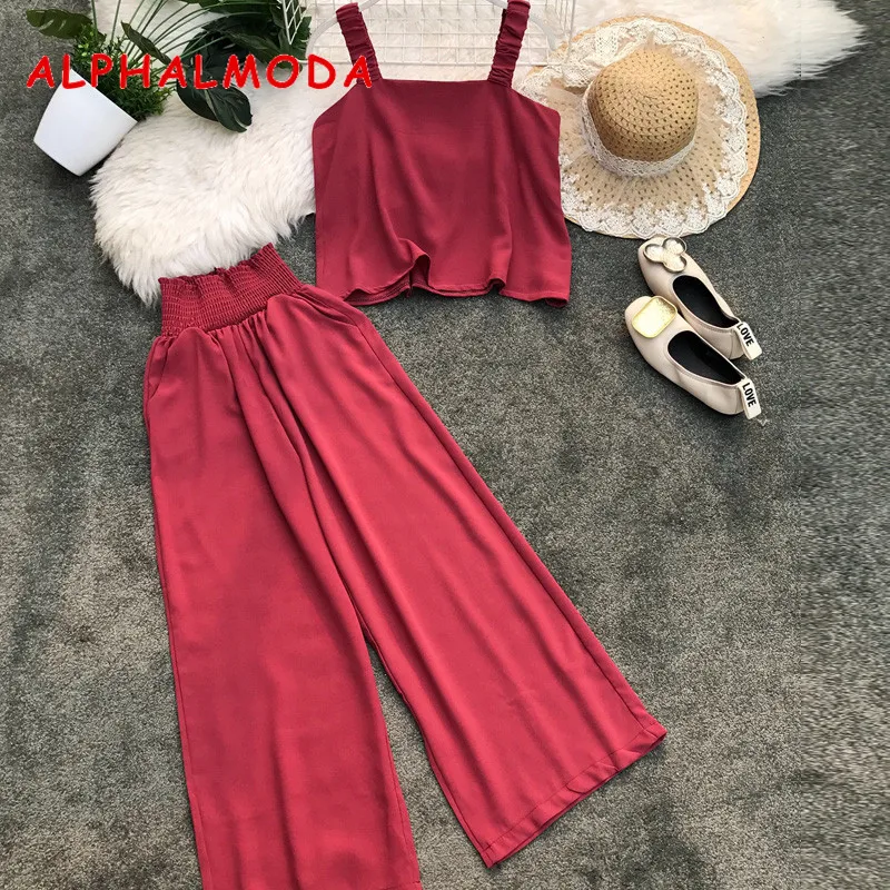 

ALPHALMODA 2019 Summer Women Loose Tank Top + Wide-leg Pants 2pcs Casual Set Solid Short Outfit Trousers 2pcs Set