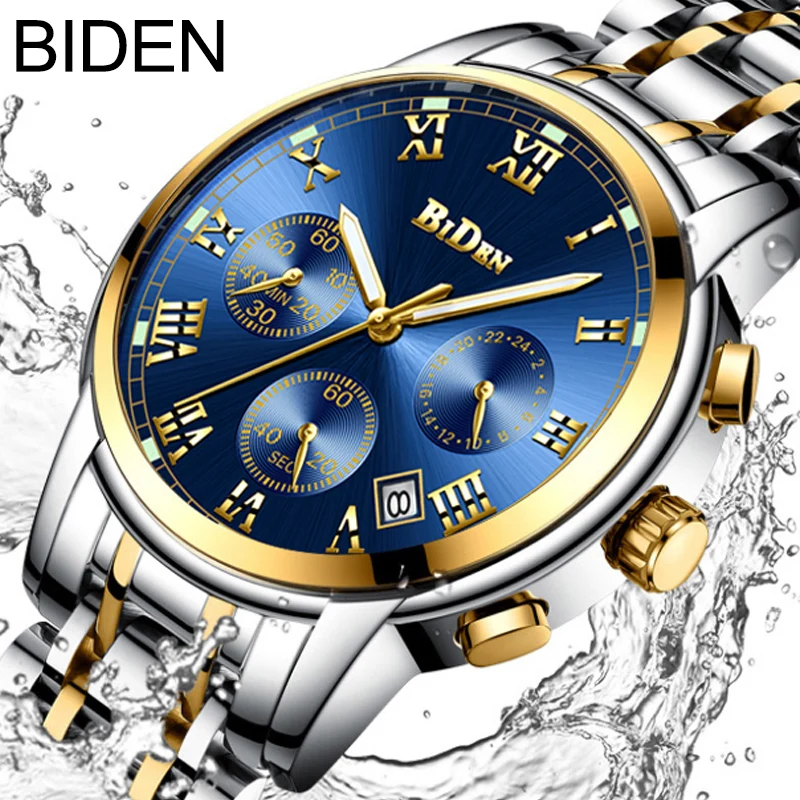 

BIDEN New Top Fashion Mens Chronograph Date Watches Multifunctional Clock Stainless Steel Strap Business luxury Quartz Watches
