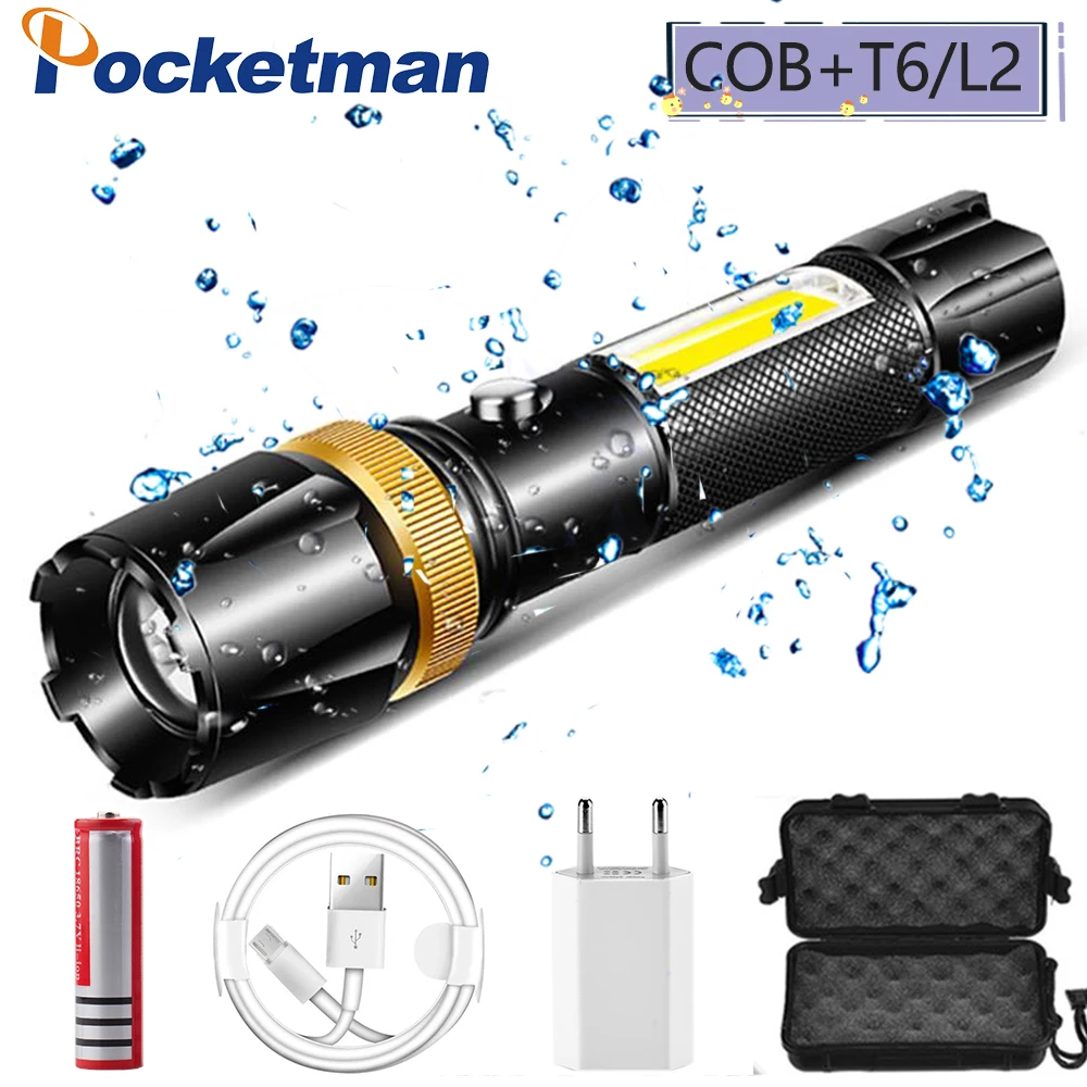 

10000LM LED Flashlight Waterproof COB lamp USB Rechargable light Super bright 5 modes Powered by 18650 battery for camping