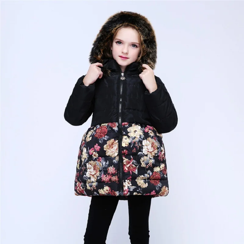 

Winter warm plush flower fashion elegant down jacket for a girl children's winter overalls fur hood jacket for girls
