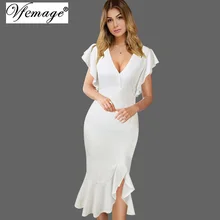 Vfemage женские асимметричные сексуальные элегантные с глубоким v-образным вырезом Гофрированные Рукава Коктейльные Вечерние облегающие миди платья Русалка 088