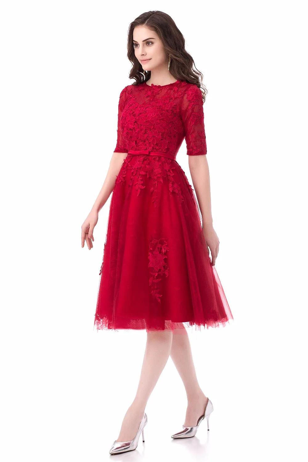 A-line Lace Appliques Half Sleeves Elegant Short Evening Dress