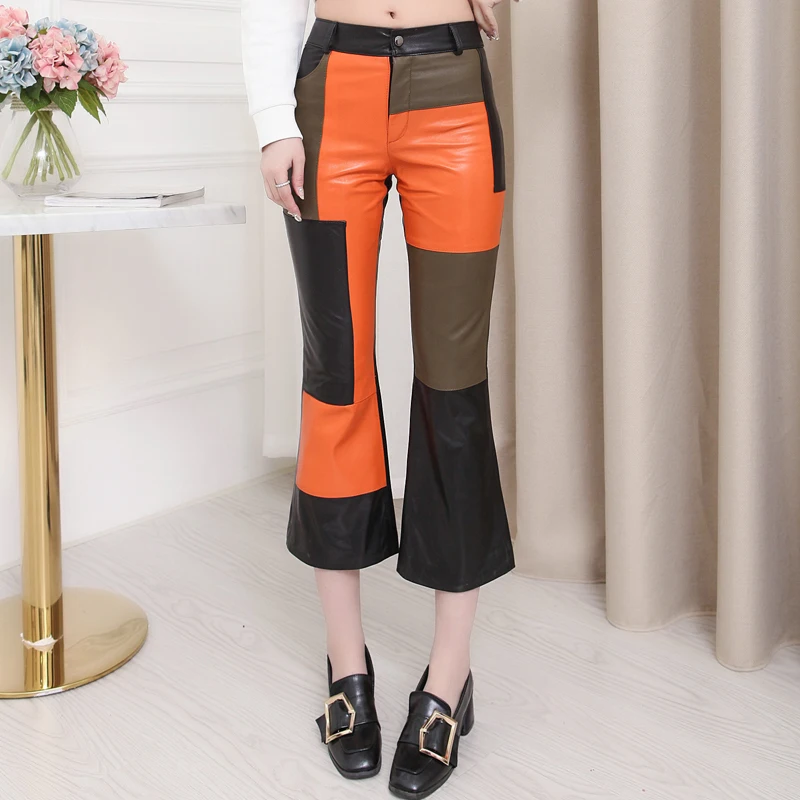 

M-3XL hit color Genuine Leather pants Sheep skin flare pants Female high wasit black color was thin Pants wq2023 dropship