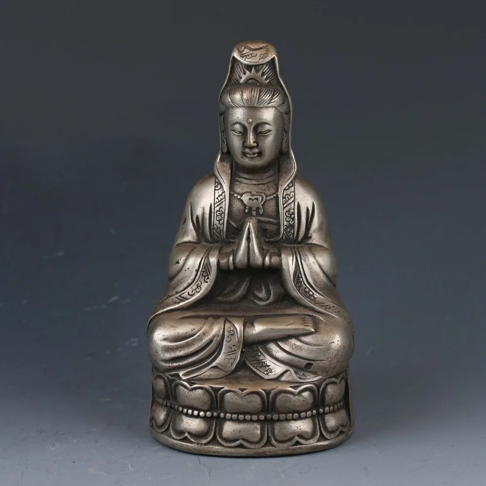 Коллекционная китайская Серебряная ручная резьба Miao Kwan Yin статуя династии