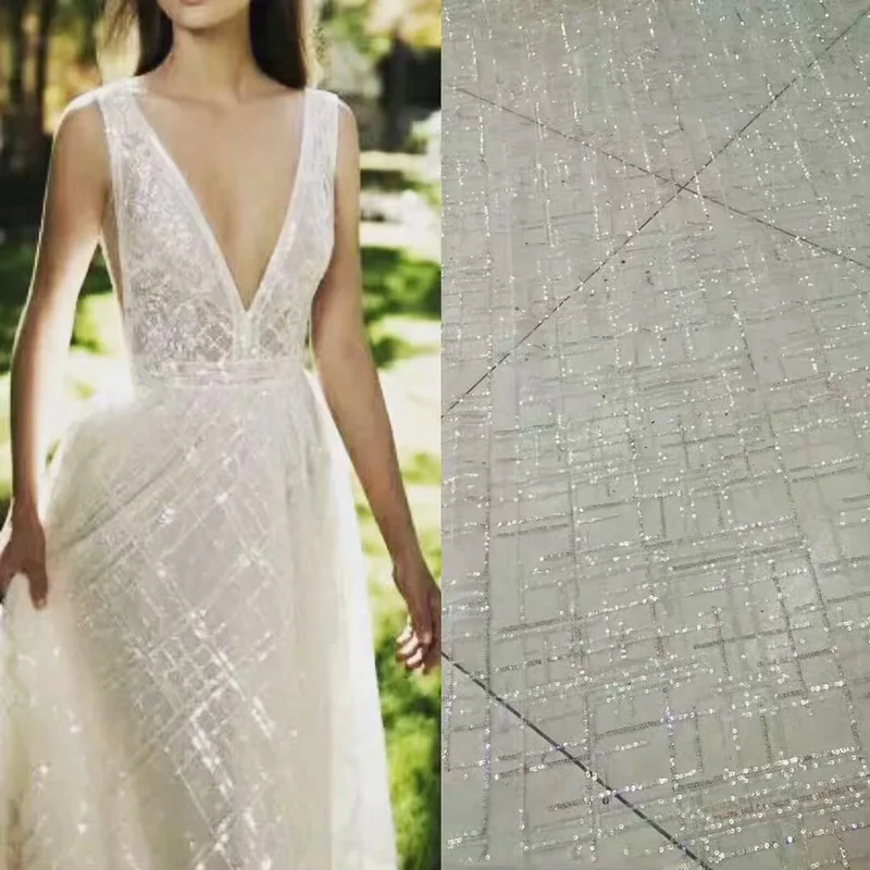 

Free shipping (5yards/pc) high quality white and silver African sequins lace fabric French lace fabric for wedding dress FNJ62