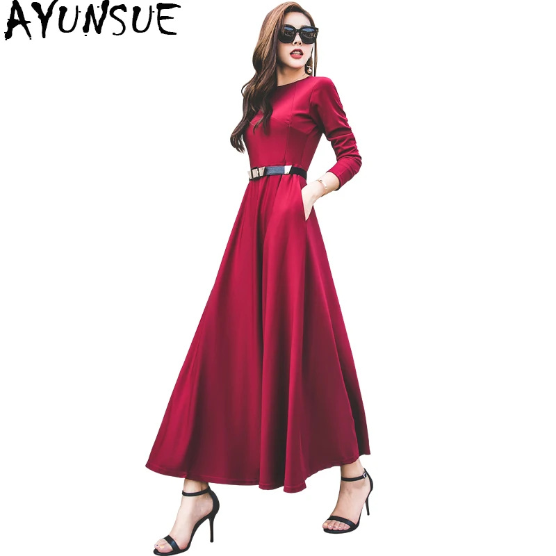 

AYUNSUE 2019 Elegant Party Dress Female Autumn Winter Maxi Dress With Belt Red Long Dresses For Women vestido longo 170812