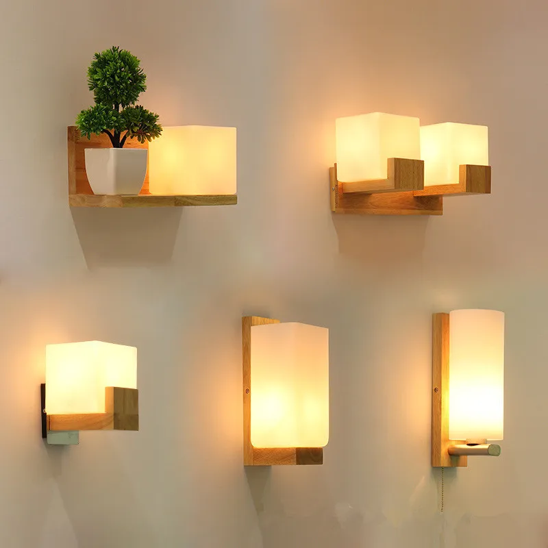 

Wooden Living Room Wall Lamp LED Solid Wood Craft Lamp Indoor Wall Mounted Cube Living Dining Room Corridor Lighting Decor