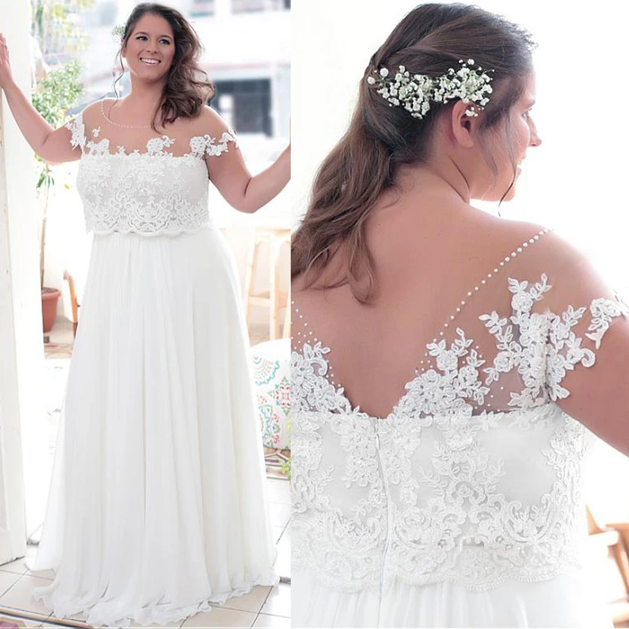 

Elegant Sheer Neckline A-line Plus Size Wedding Dresses With Lace Appliques Bridal Dress Customized Made Size