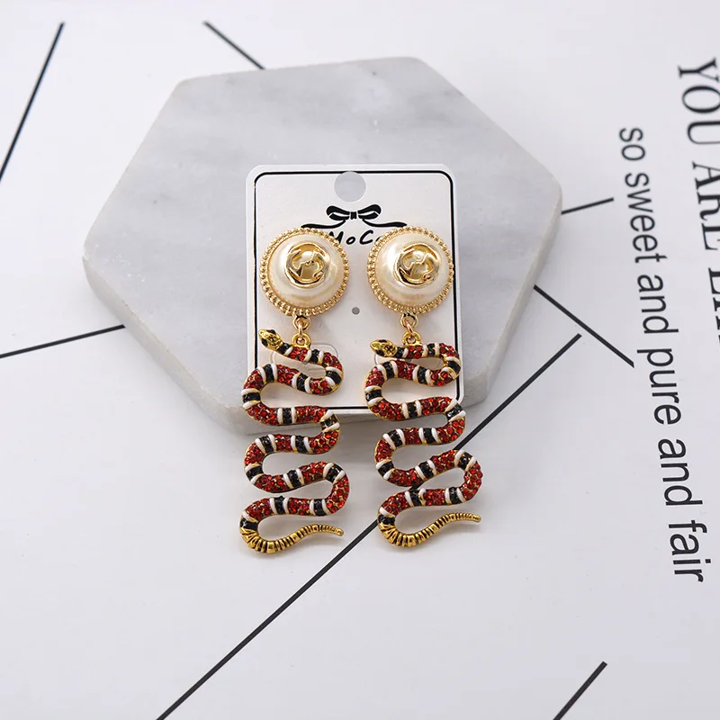 New Fashion Big Pearl Colorful Flower Snake Long Earrings for Women