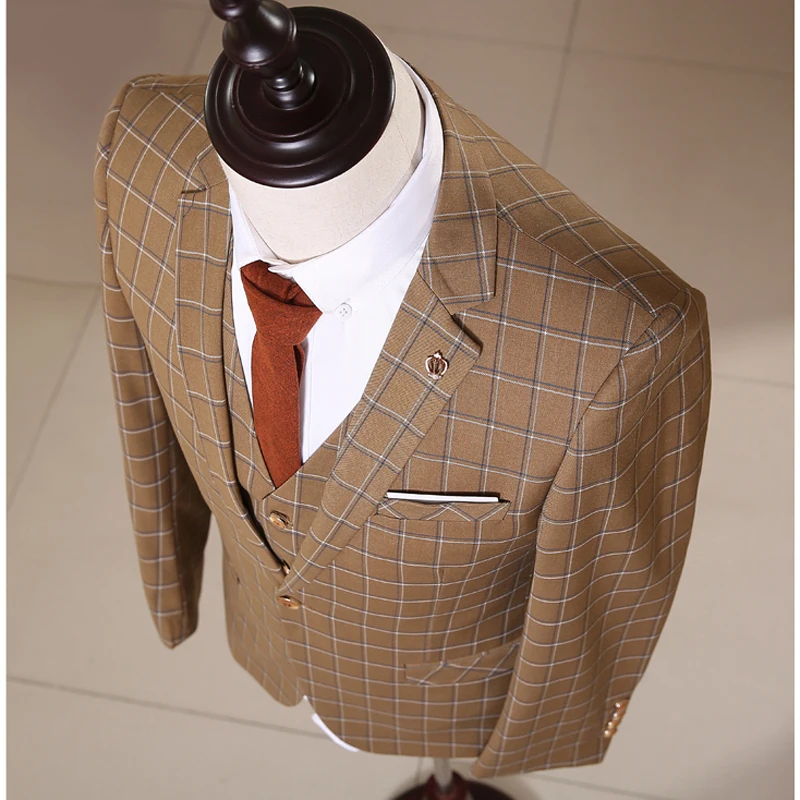 NA36 мужские костюмы Slim Fit Жених Свадебный Смокинг мужские с одной пуговицей наборы из 3 предметов(куртка+ брюки+ жилет) клетчатые костюмы для выпускного вечера