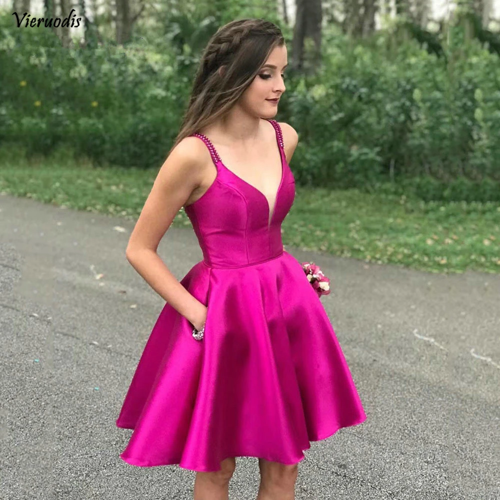 70-1             Elegant Satin Short Prom Dress 2019 Spaghetti Backless with Pockets Girls Graduation Party Gown Plus Size Gala Homecoming Dress