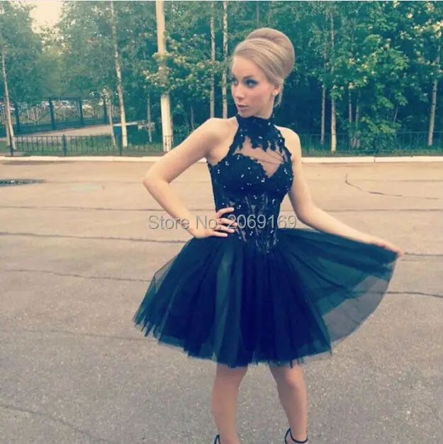 2016-Black-High-Neck-Cocktail-Dresses-Sexy-Sleeveless-Lace-Appliques-Beads-A-Line-Tulle-Mini-Girls