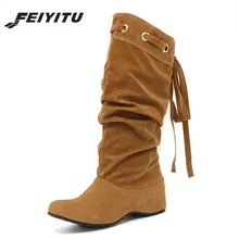 Feiyitu/женские ботфорты на плоской подошве; женские модные высокие зимние сапоги для верховой езды; теплые зимние брендовые сапоги; обувь; Размеры 35-43