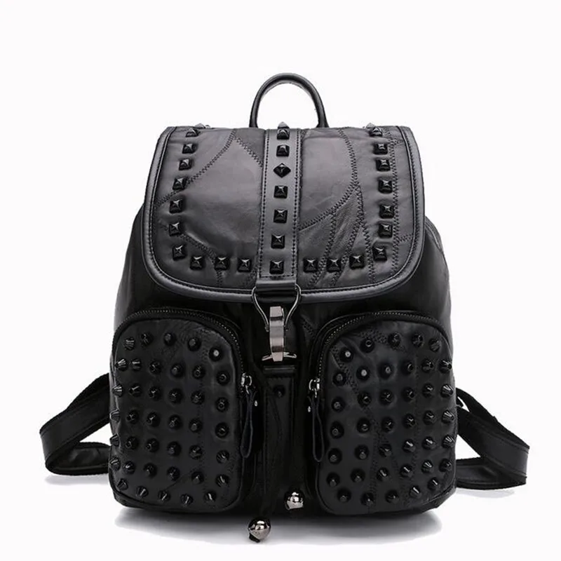 

Women Sheepskin Rivet Backpack Genuine Leather Black Shoulder School Bags For Teenagers Girls Female Casual Travel Bags Pack