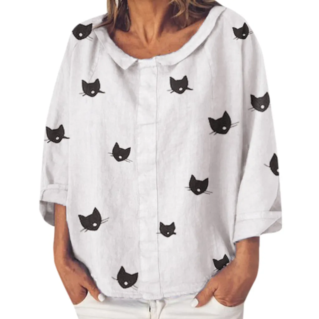 

Plus Size Cat print blouse Ladies animal print shirt Fashion Vintage graphic tees sexy mom tops and blouses