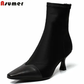 

ASUMER 2020 New arrive high quality Stretch Fabric+genuine leather boots women autumn shoes zip high heels ankle boots for women