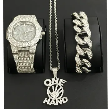 

Luxury Men Gold Color Watch & Bracelet & Necklace Combo Set one hand Pendant Ice Out Cuban Crystal Miami Chain Hip Hop For Men