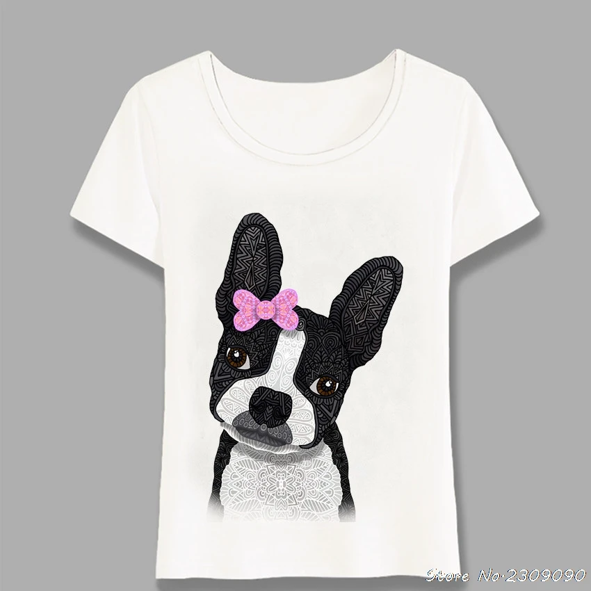 

Summer Women t-shirt Cute Boston Terrier Girl Print T-Shirt Lovely Dog Design White Casual Girl Tops Elegant Woman Tees Harajuku