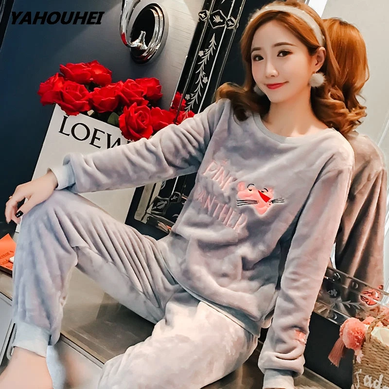 Пижамные комплекты для женщин зимняя модная ночная рубашка домашняя одежда для отдыха женская фланелевая теплая пижама с длинным рукавом комплект ночного белья для девочек - Цвет: fenhongbaoRong gray