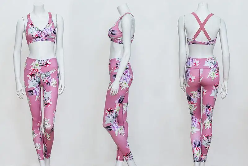 Женский комплект из двух предметов для йоги, тренажерного зала, фитнеса, одежда с цветочным принтом, укороченный топ и штаны, трико для бега, тренировочный костюм, спортивный костюм для бега - Цвет: Розовый