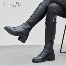 Krazing Pot/Новинка; сапоги для верховой езды из натуральной кожи с круглым носком и перекрестной шнуровкой; женские теплые сапоги-гладиаторы до колена на Высоком толстом каблуке; L97