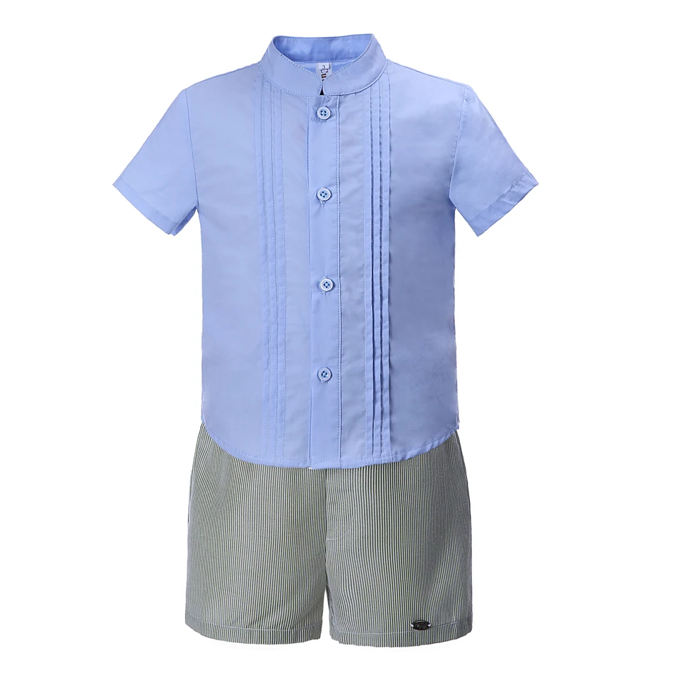 

Pettigirl Summer Boy Clothing Sets Casual Mandarin Collar Blue T Shirts and Stripe Short Cotton Kids Outfit B-DMCS004-B2