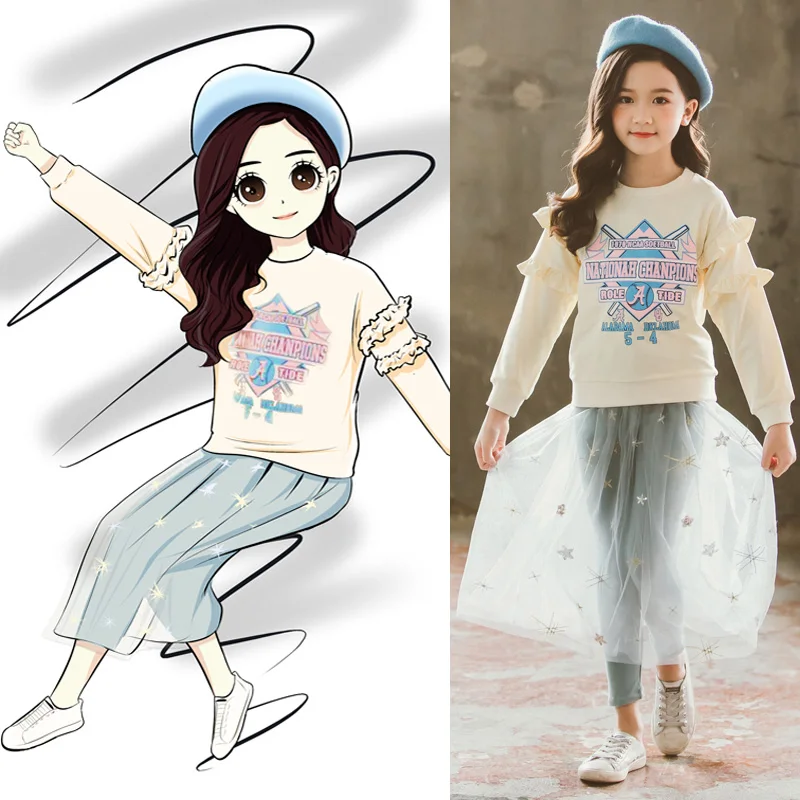 

2019 Children's Sequined Skirt Set Cotton Yellow Letter Print Sweatshirts + Skirt Pants Fashion Spring Teenage Clothing Set