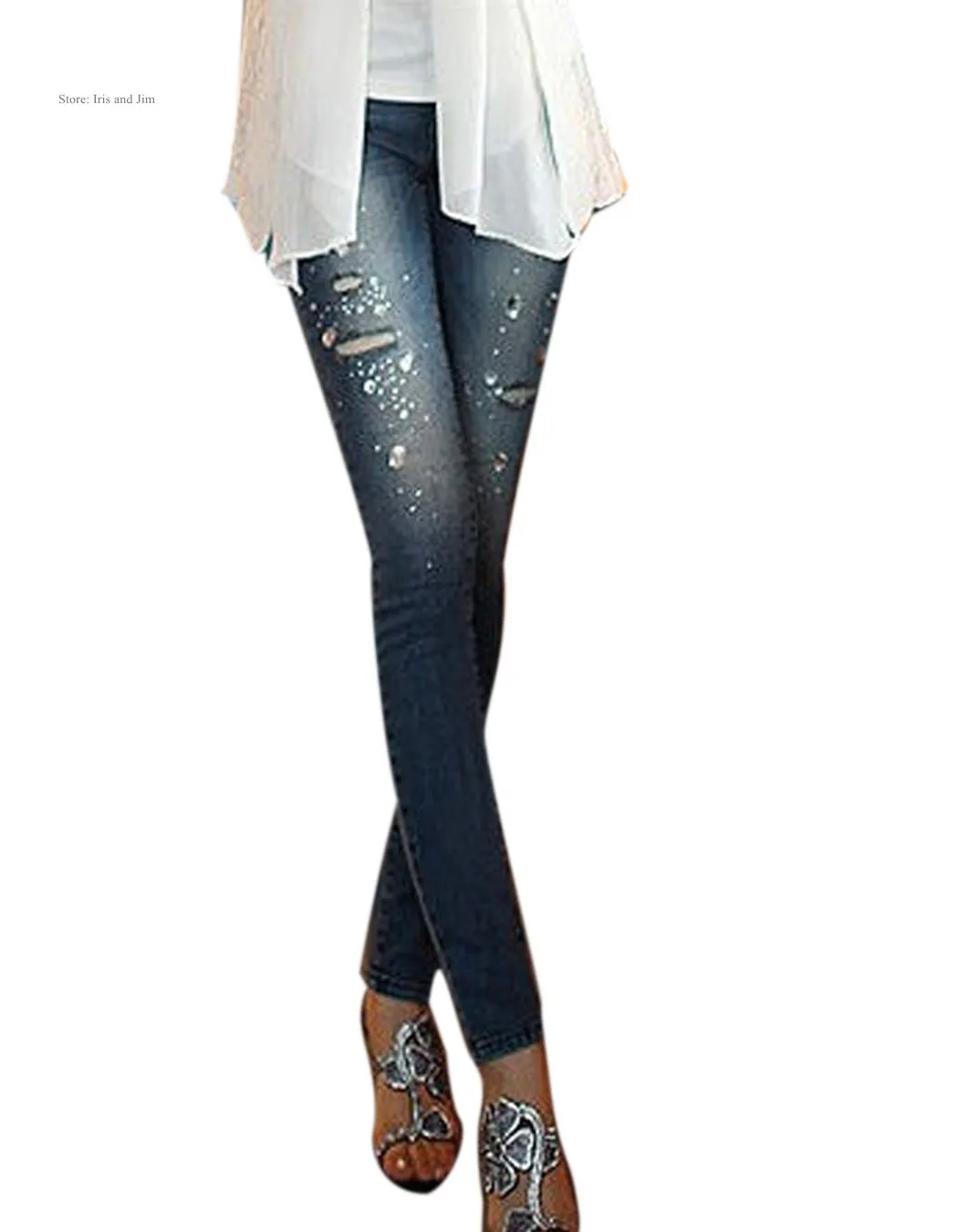 Fashion Womens Denim Midi Waist Jeans Ripped Jeans With Rhinestone