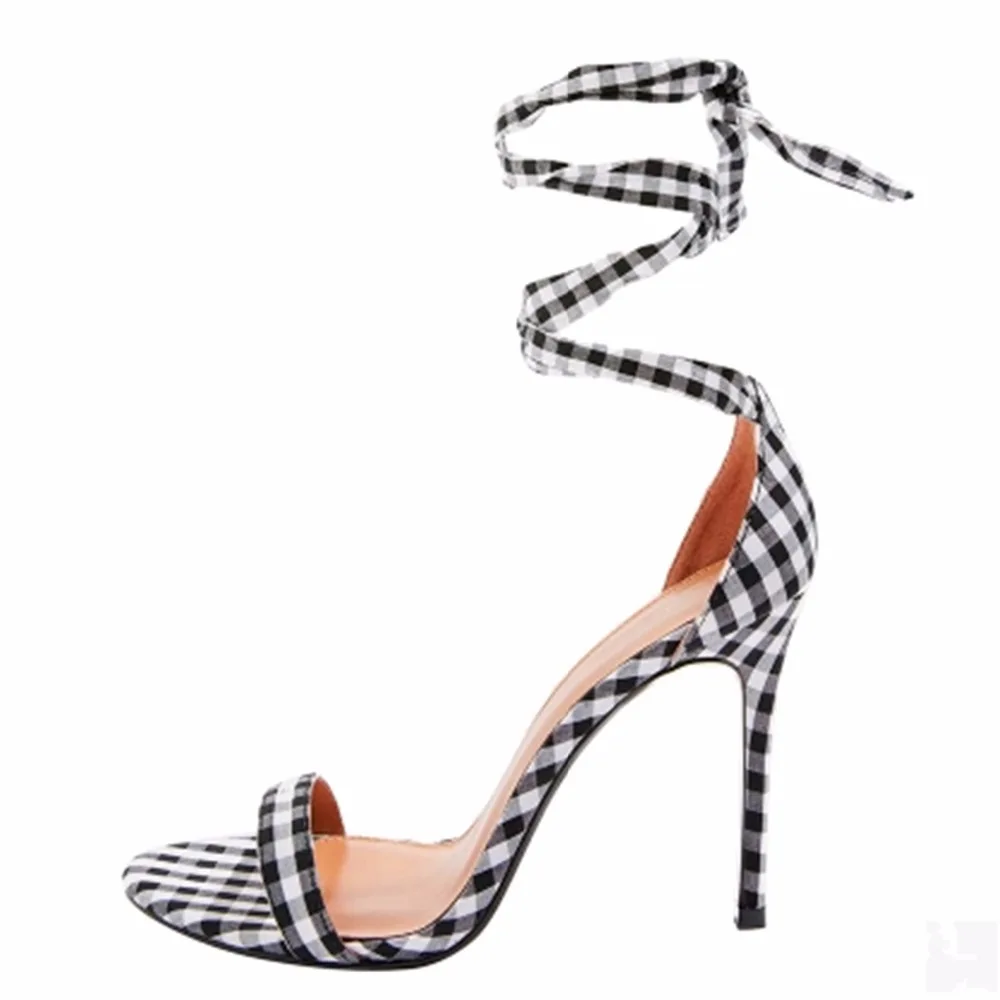

2018 Summer New Fashion Rome Thin High Heels Sandals Sexy Peep Toe Cross-Strap Black&white Checkered Party Dress Sandals Shoes