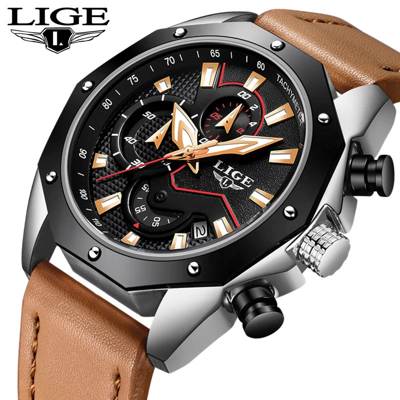 LIGE для мужчин s часы лучший бренд класса люкс кварцевые часы мужские кожаные часы Спорт повседневное модные хронограф Relogio Masculino