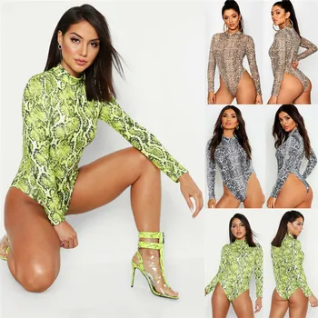 

Long Sleeve High Neck Bodycon Sexy Bodysuit 2019 New Autumn Summer Snake Print Women Fashion Casual Body Plus Size XXL Jumpsuits