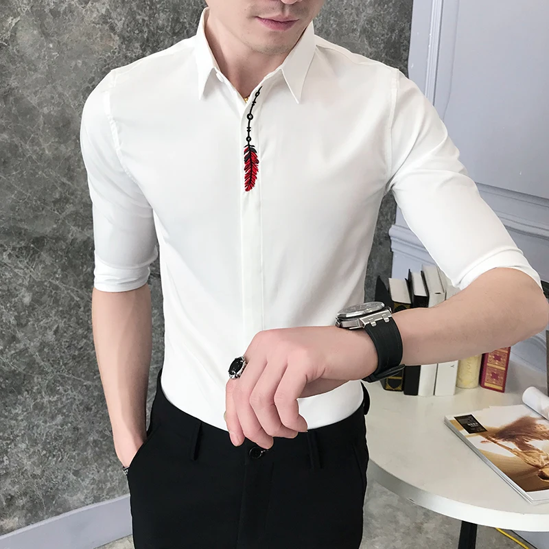

Spring Summer Shirt Men 2019 Fashion Embroidery Men Shirt Dress Slim Fit Half Sleeve Men Casual Shirts All Match Formal Wear 3XL
