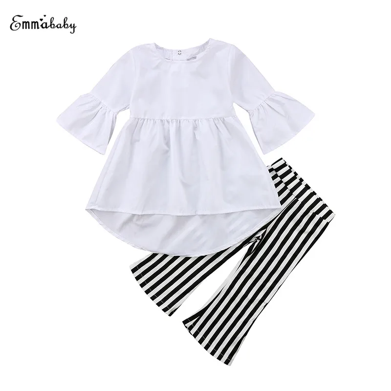 

2018 Fashion Newborn Toddler Kids Baby Girls Flare Sleeve White Mini Dress Tops Striped Wide Leg Pant Trouser 2PCS Clothing Set