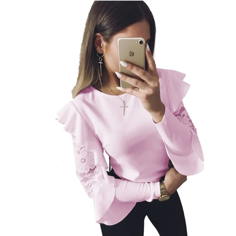 

Lossky New Women's Autumn T-shirt Casual 2018 O-Neck Lace Ruffle Long-sleeved Slim T Shirt Women's Pink Solid Color Sexy Top