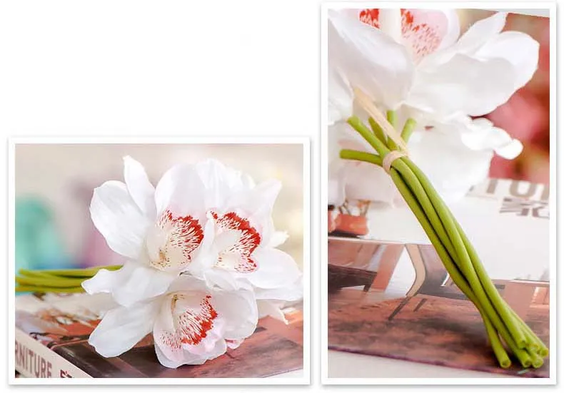 Настоящее прикосновение cymbidium 7 головок короткая съемка украшение стола цветок DIY Свадебные невесты ручной цветы домашний декор искусственная Орхидея