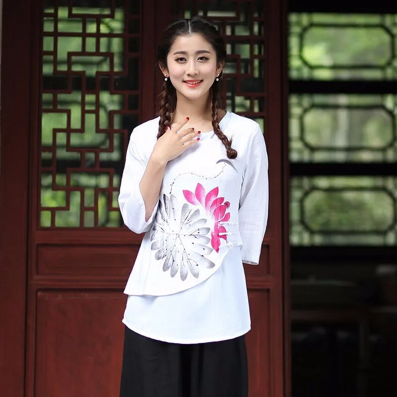 Новое поступление, белая китайская женская хлопковая льняная рубашка модная летняя блузка одежда tang Размер S M L XL XXL XXXL 2613-2