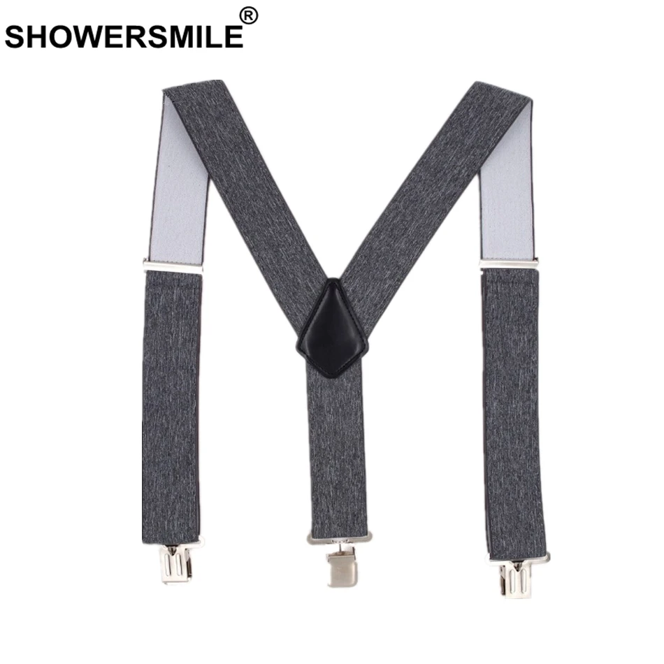 

SHOWERSMILE Male Adult Suspenders Gray Wide 5cm Mens Braces For Trousers 3 Clips Elastic Brand Man Pants Accessory 120cm