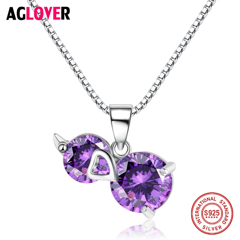 

AGLOVER Sparkling 925 Sterling Silver Gourd Pendants New Stylish Round Purple AAA Zircon Necklace For Women Gifts