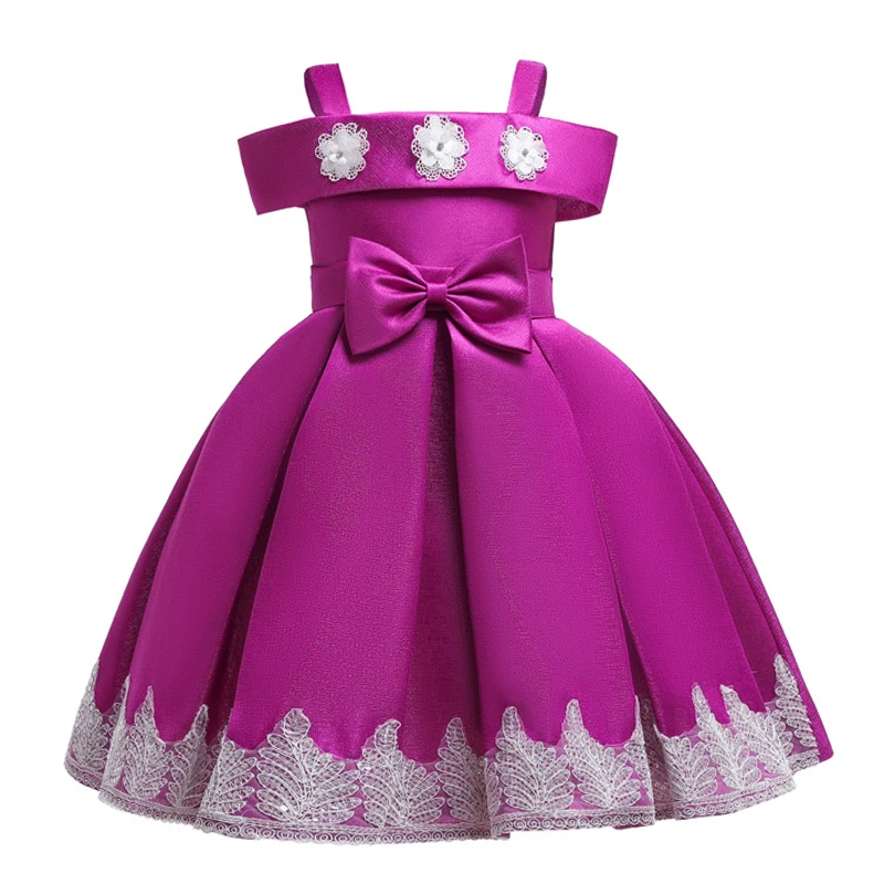 

2-10 years girl clothing summer Horizontal shoulder childrens applique bow party evening dress lace sequins baby princess dress