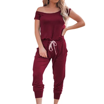 

Women's Casual Pockets Jumpsuits High Tops Crewneck Off Shoulder Short Sleeve Elastic Waist Romper Playsuits