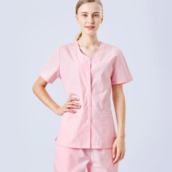 

Women Medical Scrub Taskwear Nursing Uniform Hospital Doctor Workwear Clothing Short Sleeve Snap Closure Poplin Stretch Scrubs