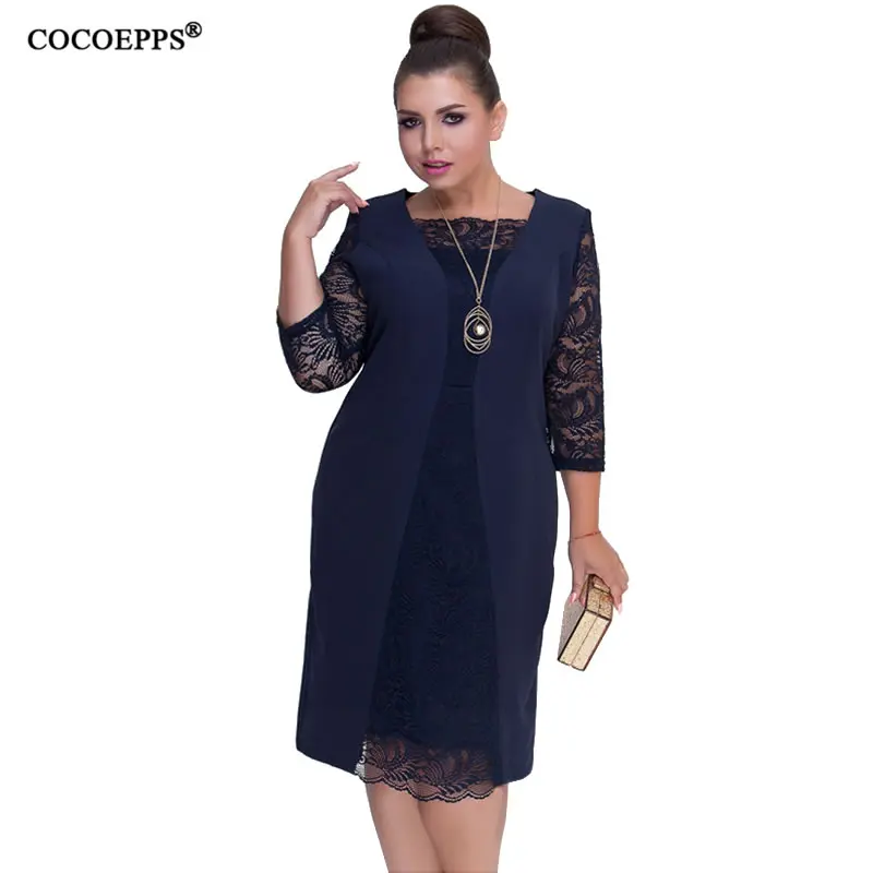 Осень, женское платье большого размера, кружевное лоскутное, плюс размер, зимнее платье, облегающее, элегантное, для офиса, для вечеринки, для работы, Vestidos 5XL 6XL - Цвет: Dark Blue