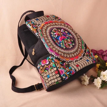 

2X canvas embroidery Ethnic backpack women handmade flower Embroidered Bag Travel Bags schoolbag backpacks mochila