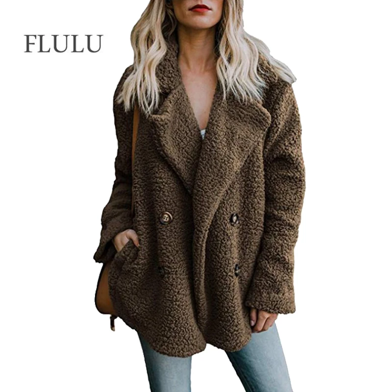 FLULU Winter Women Faux Fur Coat 2018 Casual Solid Warm Long Sleeve Faux Fur Jacket Coat Female Vintage Outwear casaco feminino