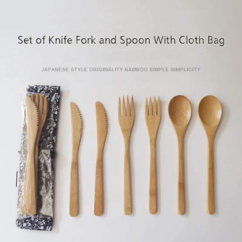 

100set Wooden Dinnerware Set Bamboo Fork Knife Soup Teaspoon Catering Cutlery Set With Cloth Bag Kitchen Cooking Tools Utensil