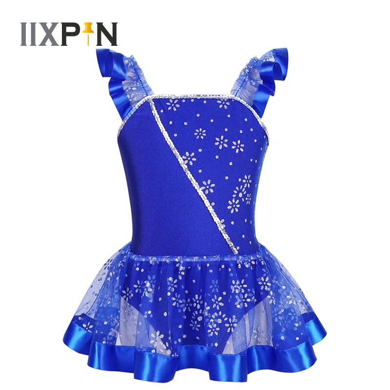 

IIXPIN Kids Ballet Tutu Dress Girls Flutter Sleeves Shiny Ballet Dance Dress Sequins Flower Glitters Gymnastics Leotard Dress