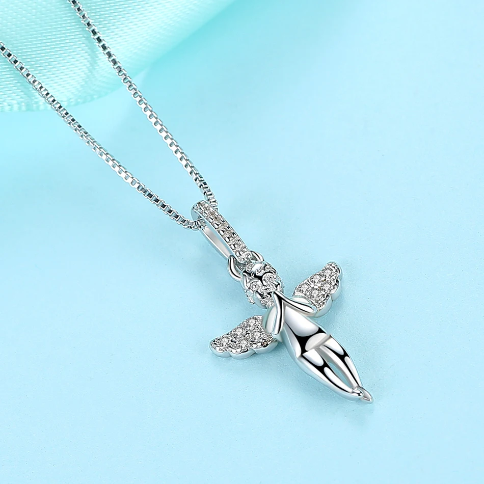 ELESHE Genuine 925 Sterling Silver Cross Necklace Fashion Jewelry Crystal Angel with Wings Pendant Necklace for Women Girls Gift