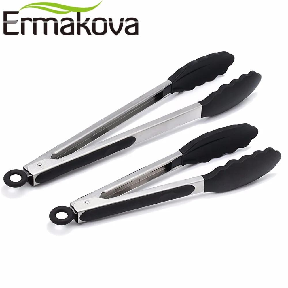 ERMAKOVA 2 шт./компл. 9 дюймовые и 12 Черные Кухонные силиконовые щипцы антипригарные из