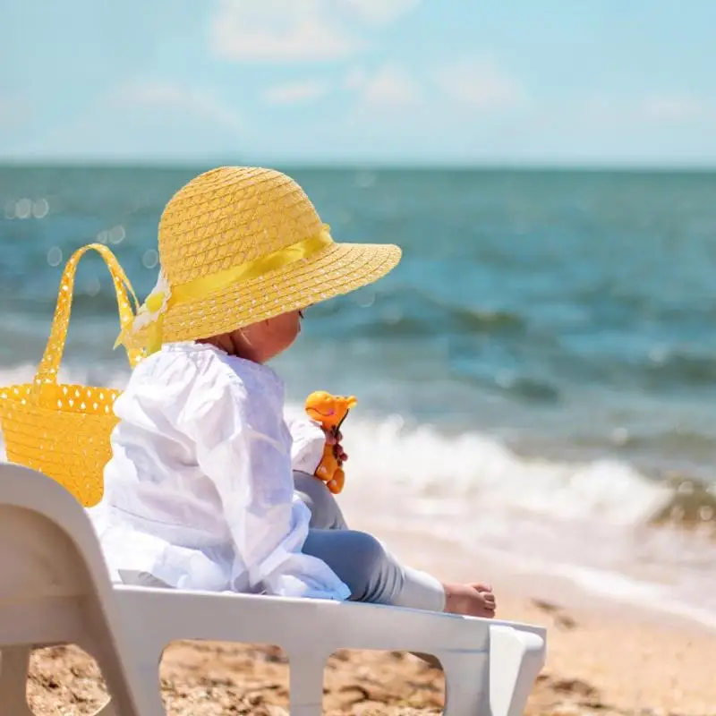 

2pcs Summer Sun Hat Girls Kids Straw Cap Beach Hats Tote Bag Flower Decor Straw Hollow-out Hats Breathable And Cool